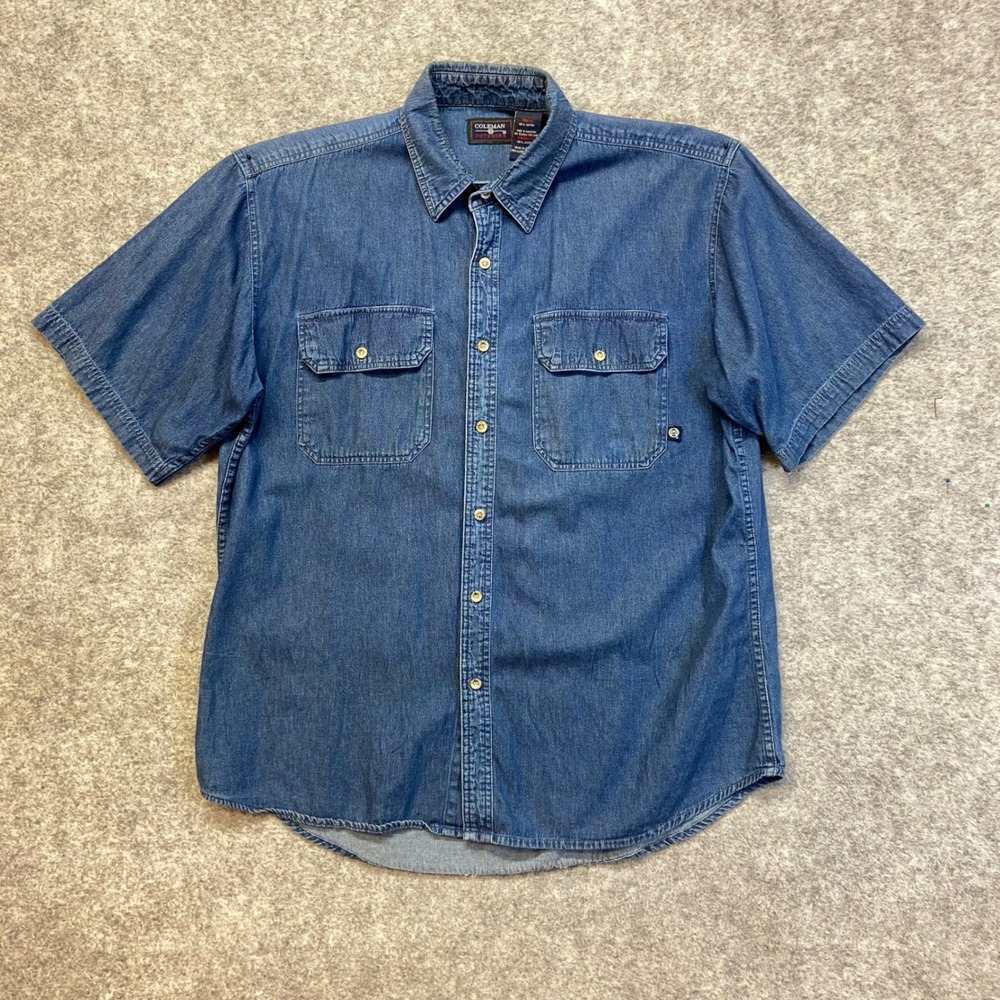 Coleman Denim Shirt Men XL Blue Excellent Short Sleeve Button Down Cotton Pocket